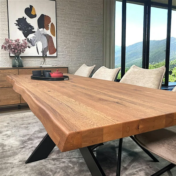 Table en chêne brun pied noir fin avec bords naturels 240 cm PALERME
