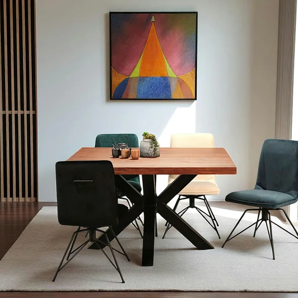 Table à manger carrée chêne métal pied croisé 130 cm OKA