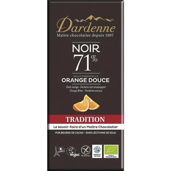 Tablette chocolat noir tradition Orange douce 71% cacao sans gluten 70g