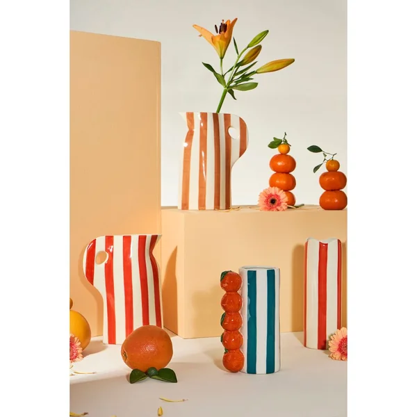 Vase cylindre en grès rayé corail et blanc h23cm - Artist