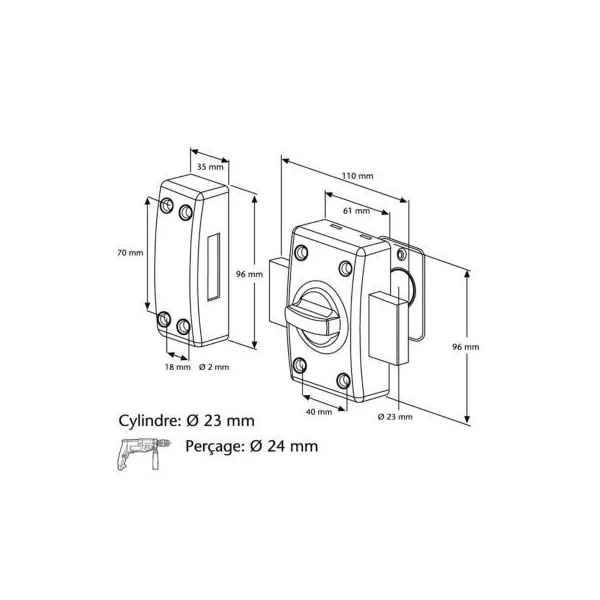 Verrou à bouton avec cylindre Abus ø 23 mm / 40 mm