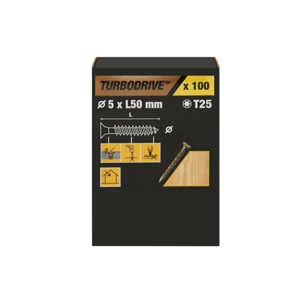 Vis à bois Turbodrive Premium torx zinguée jaune 5x50 mm - 100 pièces